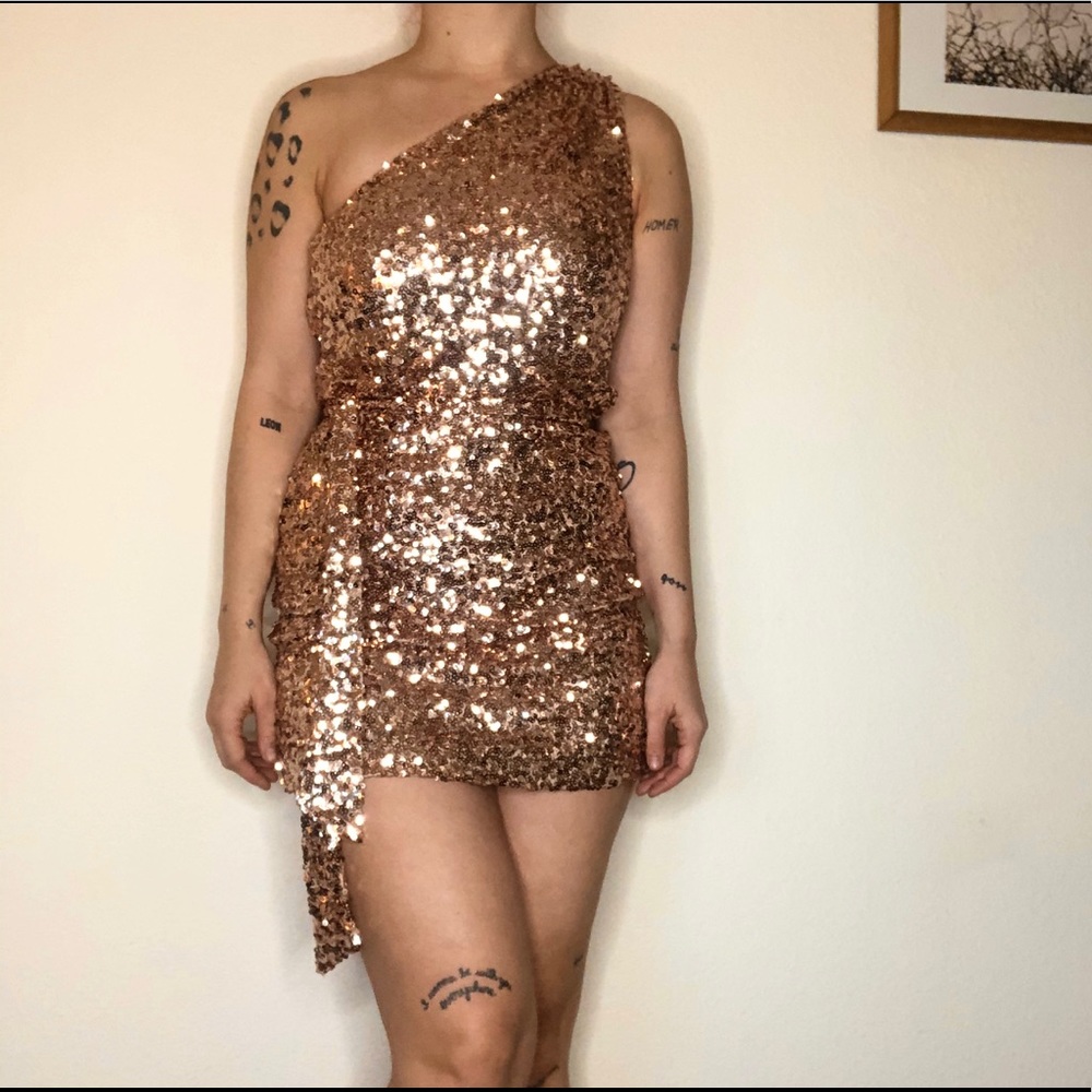 Rose Gold Aiden One Shoulder Sequin Dress
